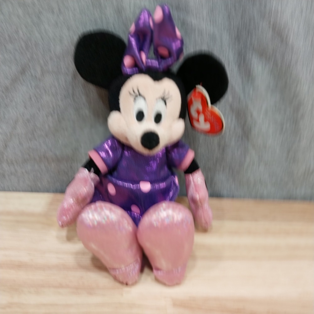 Ty Disney Plush Minnie Mouse Sparkle Beanie Baby Small‎ Purple Pink